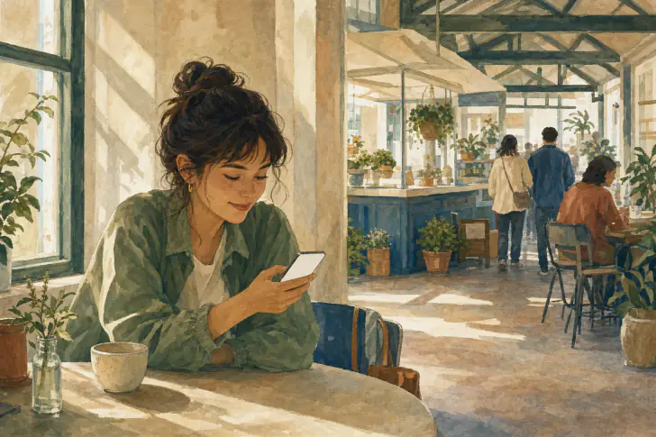 Illustration of a woman at a sunlit café table, absorbed in a conversation on her phone